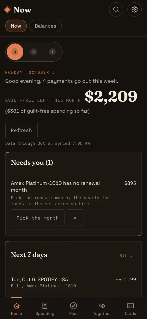 The Home screen showing guilt-free money left this month as one large number.