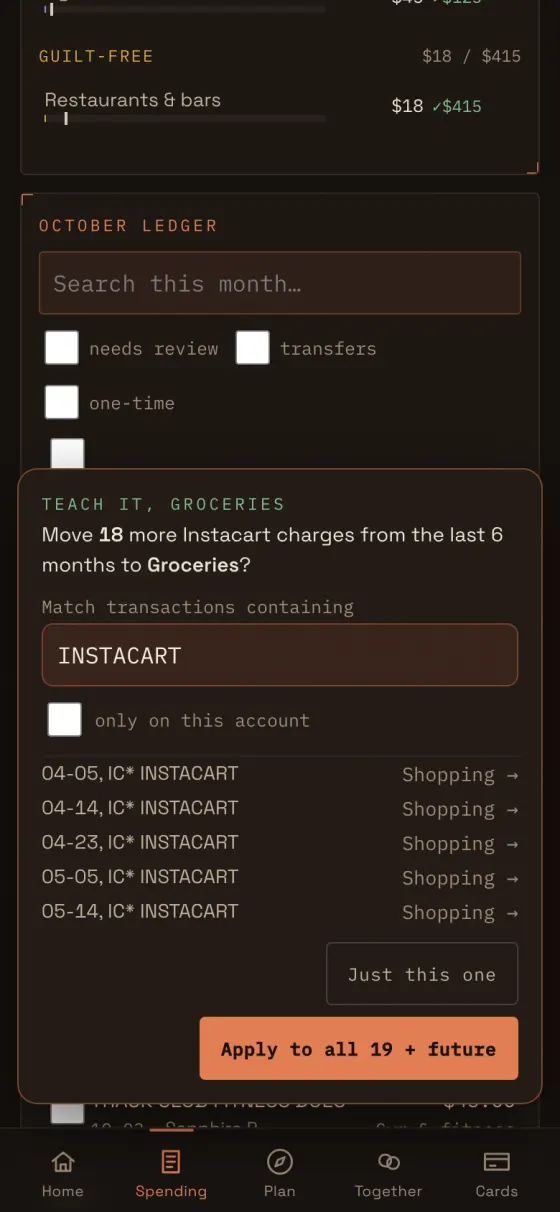 A sheet offering to move Instacart charges to Groceries.
