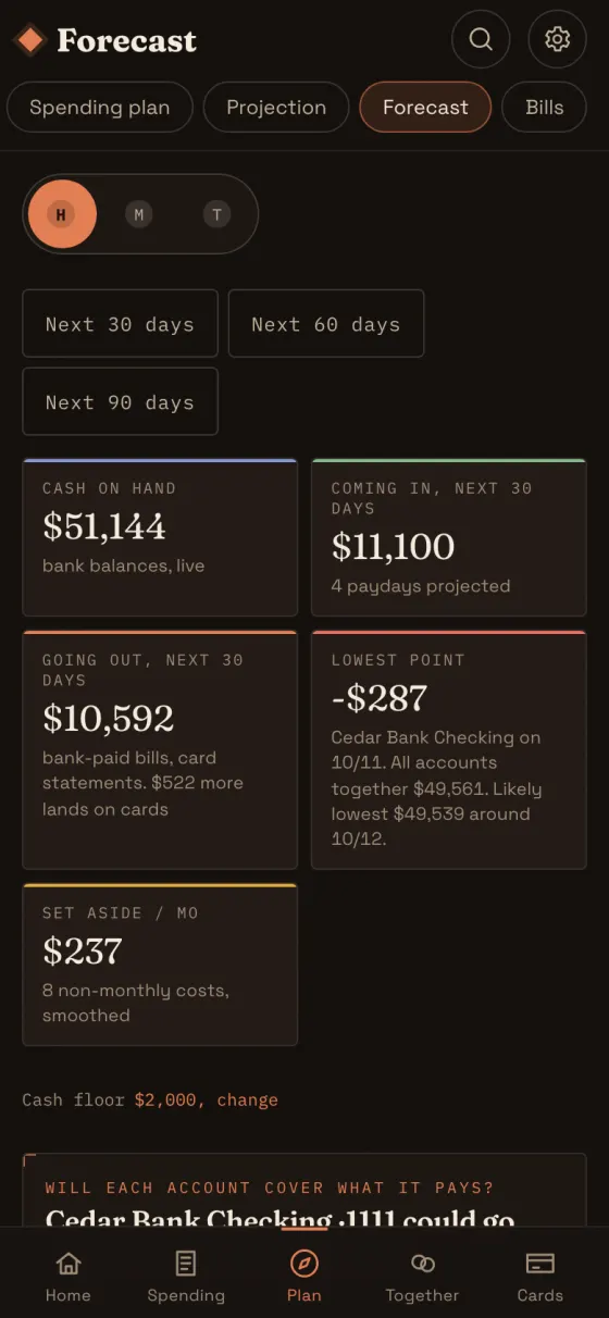 The Forecast tab showing the monthly set-aside and a low-balance warning.